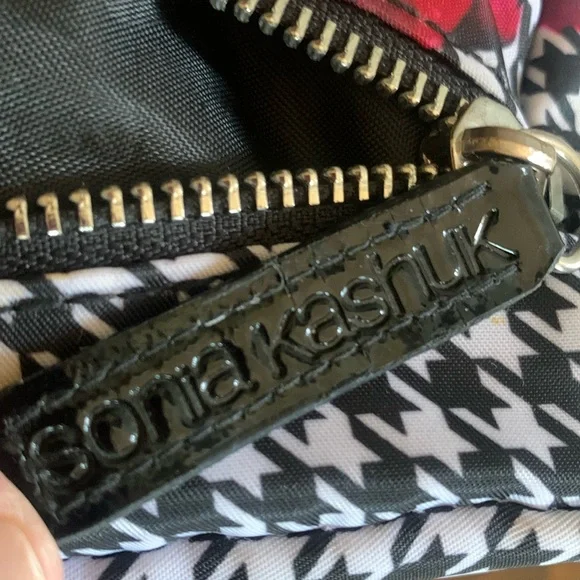 SONIA KASHUK bag, pink roses on black/white houndstooth check, silver zipper EUC - Picture 9 of 17